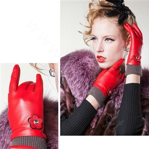 Allfond women winter waterproof cold-proof warm flower wool genuine goatskin leather gloves L - Red