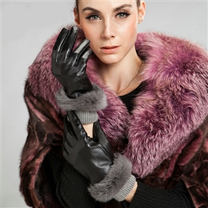 Allfond women winter waterproof cold-proof warm rabbit fur genuine goatskin leather gloves L - Black