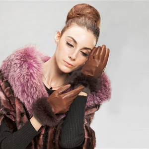 Allfond women winter waterproof cold-proof warm rabbit fur genuine goatskin leather gloves L - Brown