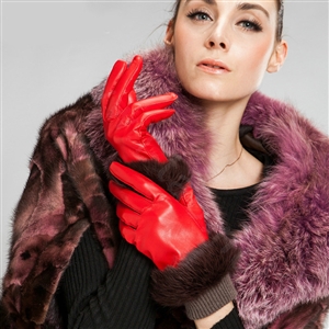 Allfond women winter waterproof cold-proof warm rabbit fur genuine goatskin leather gloves M - Red