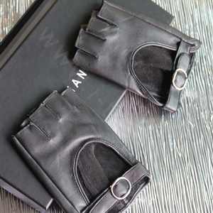 Fashion Women Bowknot Genuine Leather Sheepskin Half-finger Short Gloves Driving - Black