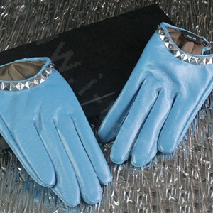 Fashion Women Crystal Genuine Leather Sheepskin Half Palm Short Gloves Size M - Blue