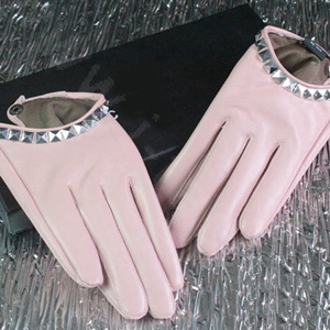 Fashion Women Crystal Genuine Leather Sheepskin Half Palm Short Gloves Size L - Pink