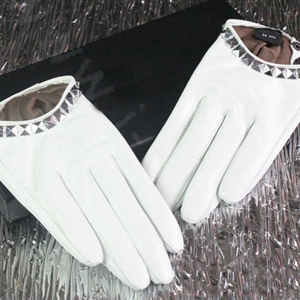 Fashion Women Crystal Genuine Leather Sheepskin Half Palm Short Gloves Size L - White