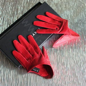 Fashion Women Genuine Leather Sheepskin Half Palm Short Gloves Size L - Red