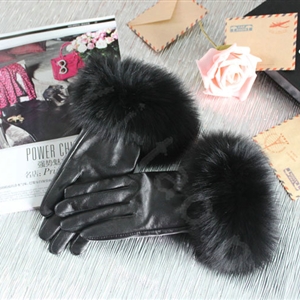 Fashion women winter warm thick fox fur cuff genuine sheepskin leather Gloves size L - Black