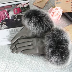 Fashion women winter warm thick fox fur cuff genuine sheepskin leather Gloves size S - Grey
