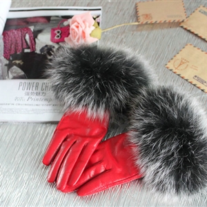 Fashion women winter warm thick fox fur cuff genuine sheepskin leather Gloves size L - Red