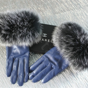 Fashion women winter warm thick fox fur cuff genuine sheepskin leather Gloves size M - Violet