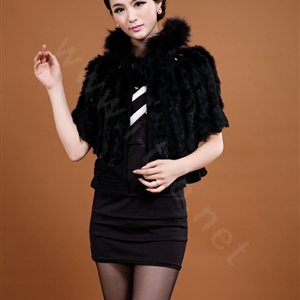 Genuine Knitted Rabbit fur shawl wrap cape fashion women winter warm tippet Poncho - Black