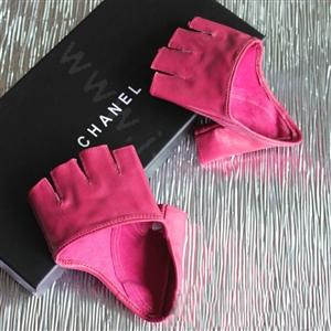 Women Genuine Leather Lambskin Runway Punk Rocker Biker Fingerless Half Short Gloves - Rose
