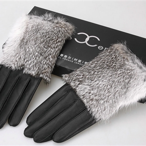 Women Rabbit fur Lambskin Winter Warm Genuine Sheepskin Leather Gloves Size L - Black