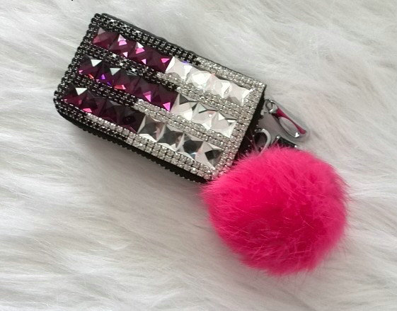 Bling Crystal Auto Key Bag Pocket Genuine Leather Car Key Case fur ball Key Chain - Purple
