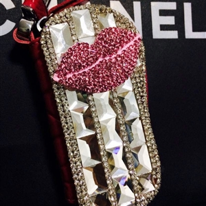 Bling lips Crystal Auto Key Bag Pocket Genuine Leather Car Key Case Key Chain - Red