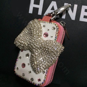 Bowknot Crystal Auto Key Bag Pocket Genuine Leather Car Key Case Key Chain - Pink