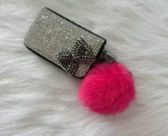Bowknot Crystal Auto Key Bag Pocket Genuine Leather Car Key Case fur ball Key Chain - Black