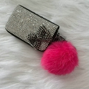 Bowknot Crystal Auto Key Bag Pocket Genuine Leather Car Key Case fur ball Key Chain - Black