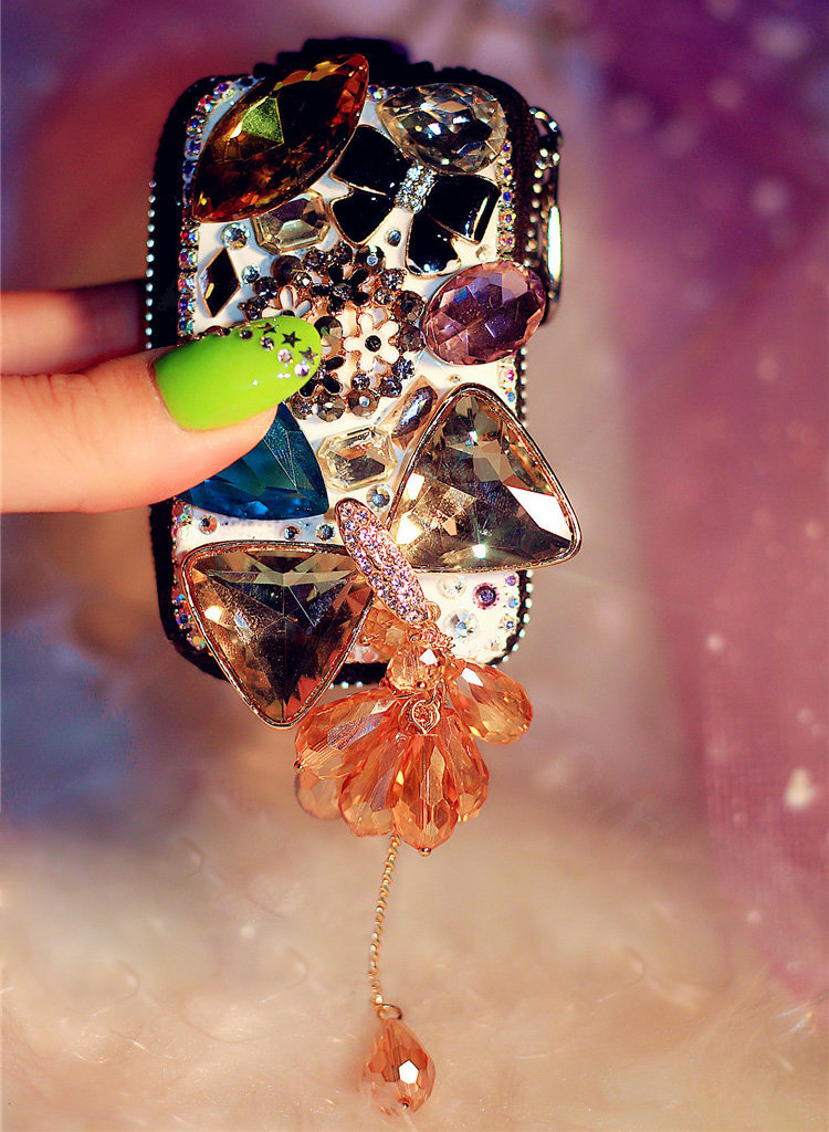 Bowknot Tassel Crystal Auto Key Bag Pocket Genuine Leather Car Key Case Key Chain - Black