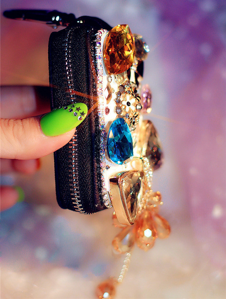 Bowknot Tassel Crystal Auto Key Bag Pocket Genuine Leather Car Key Case Key Chain - Black