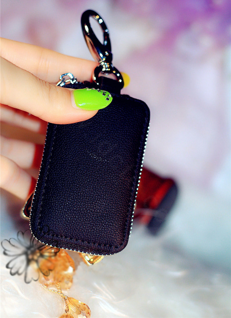 Bowknot Tassel Crystal Auto Key Bag Pocket Genuine Leather Car Key Case Key Chain - Black