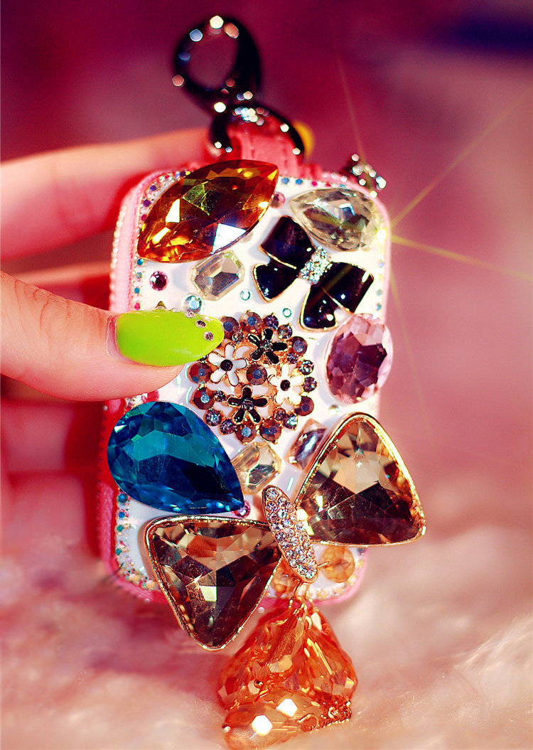 Bowknot Tassel Crystal Auto Key Bag Pocket Genuine Leather Car Key Case Key Chain - Pink