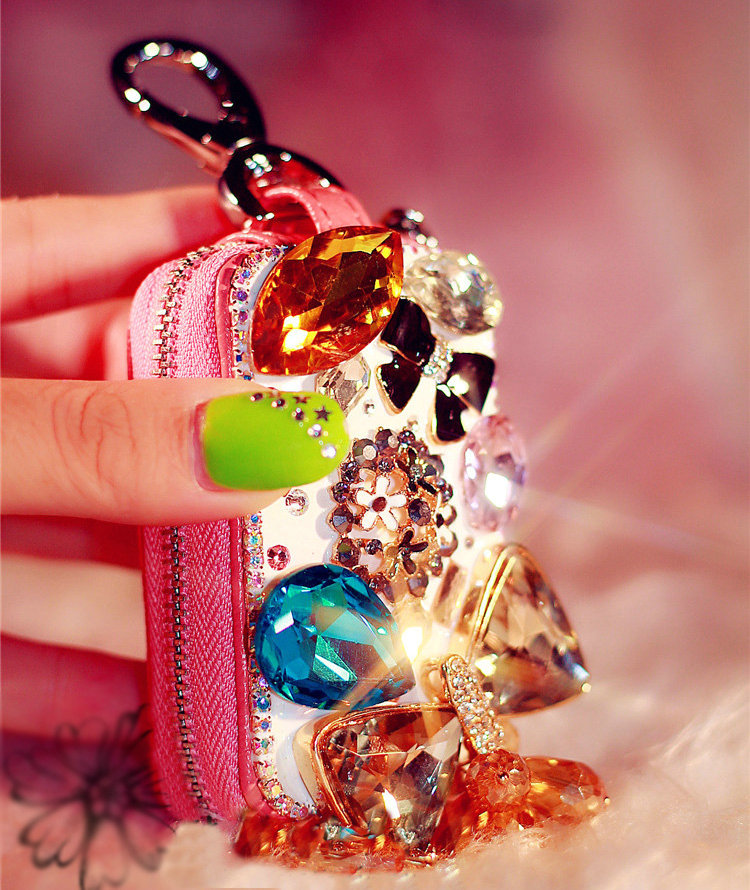Bowknot Tassel Crystal Auto Key Bag Pocket Genuine Leather Car Key Case Key Chain - Pink