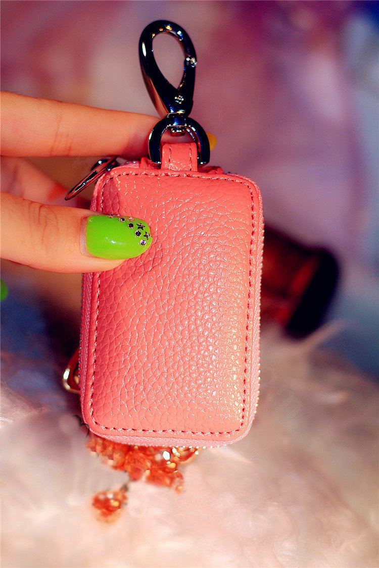 Bowknot Tassel Crystal Auto Key Bag Pocket Genuine Leather Car Key Case Key Chain - Pink