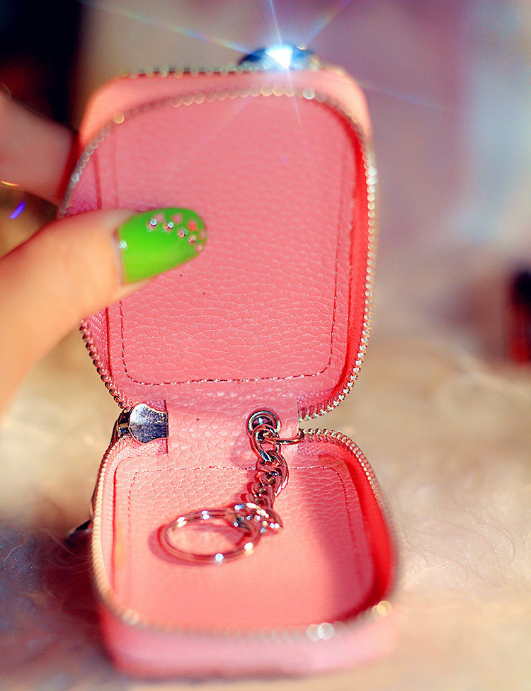 Bowknot Tassel Crystal Auto Key Bag Pocket Genuine Leather Car Key Case Key Chain - Pink