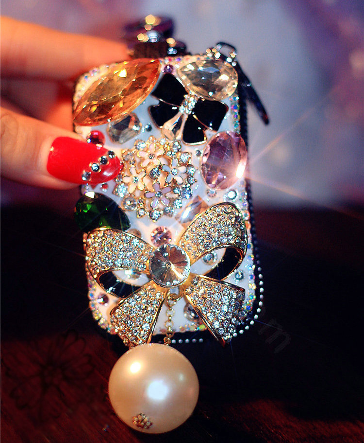 Bowknot pearl Crystal Auto Key Bag Pocket Genuine Leather Car Key Case Key Chain - Black