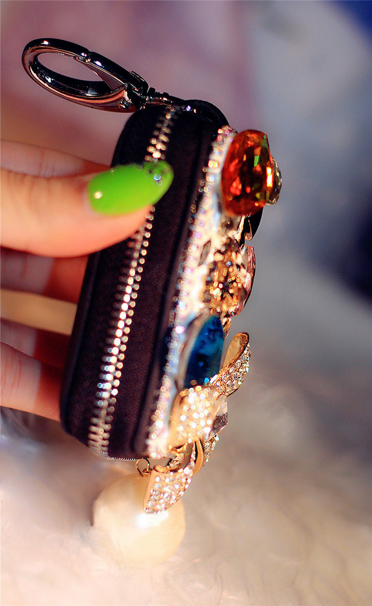 Bowknot pearl Crystal Auto Key Bag Pocket Genuine Leather Car Key Case Key Chain - Black