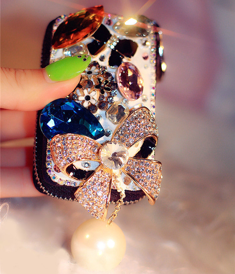 Bowknot pearl Crystal Auto Key Bag Pocket Genuine Leather Car Key Case Key Chain - Black