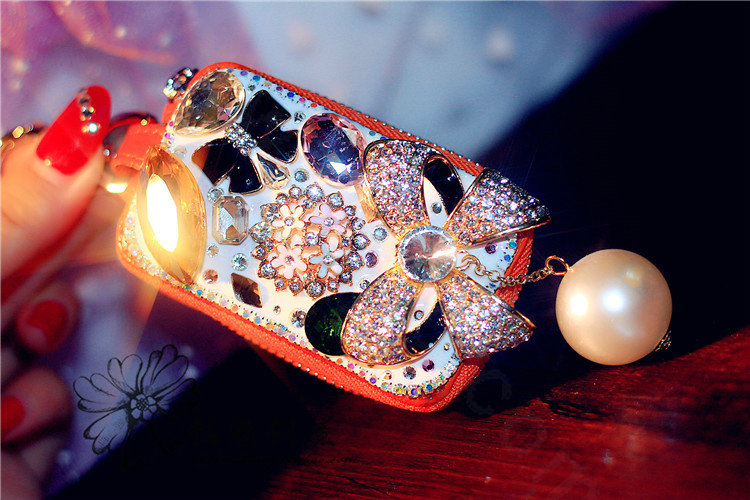 Bowknot pearl Crystal Auto Key Bag Pocket Genuine Leather Car Key Case Key Chain - Orange