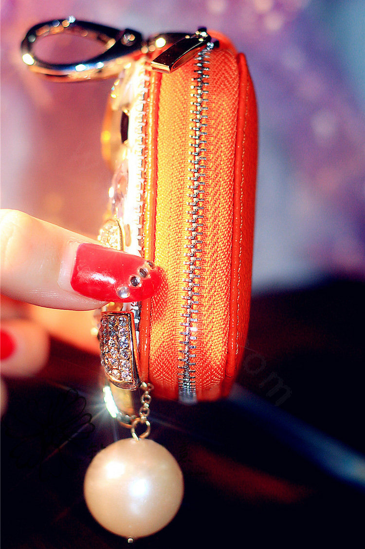 Bowknot pearl Crystal Auto Key Bag Pocket Genuine Leather Car Key Case Key Chain - Orange