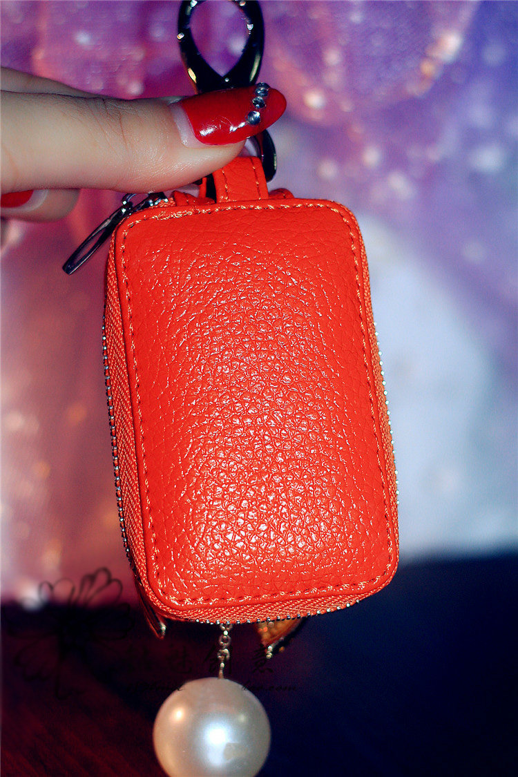 Bowknot pearl Crystal Auto Key Bag Pocket Genuine Leather Car Key Case Key Chain - Orange