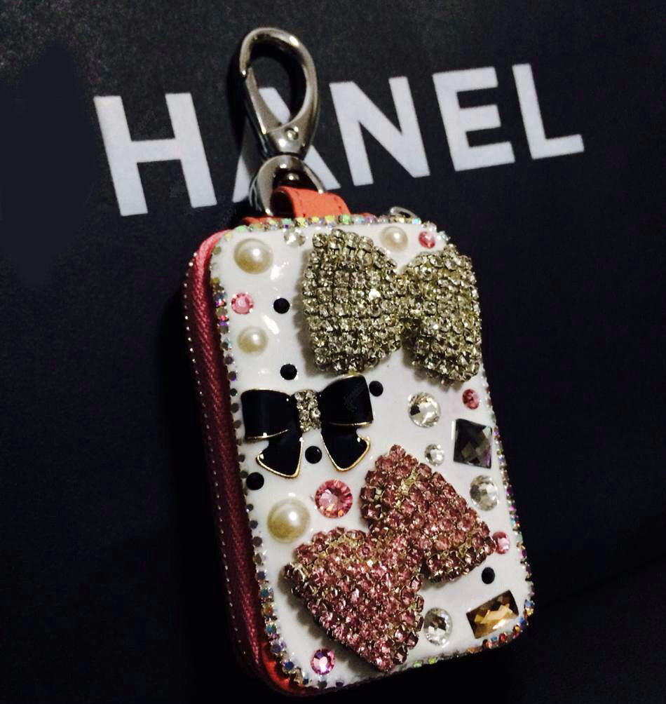 Double Bowknot Crystal Auto Key Bag Pocket Genuine Leather Car Key Case Key Chain - Pink