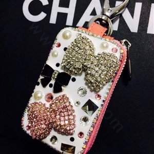 Double Bowknot Crystal Auto Key Bag Pocket Genuine Leather Car Key Case Key Chain - Pink