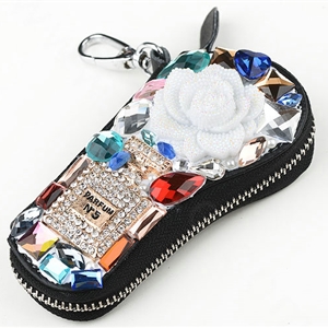 Flower Crystal Auto Key Bag Pocket Parfum bottle Genuine Leather Car Key Case Key Chain - Black