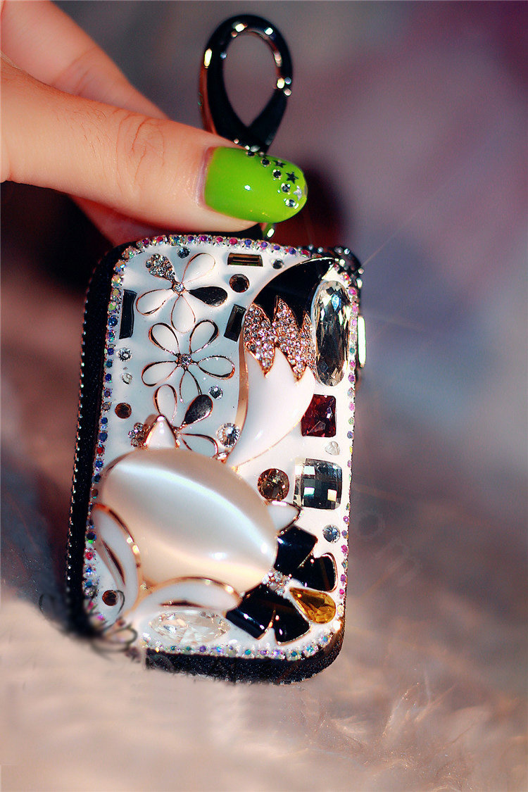 Fox flower Crystal Auto Key Bag Pocket Genuine Leather Car Key Case Key Chain - White