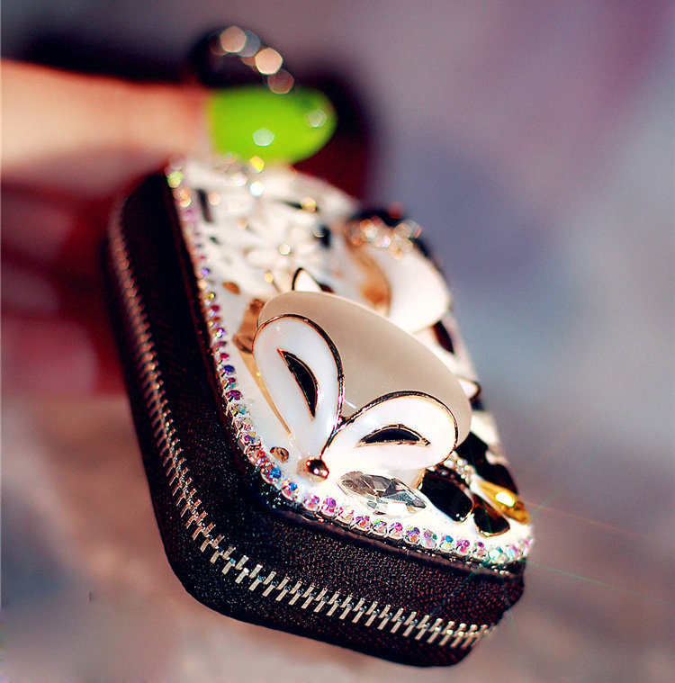 Fox flower Crystal Auto Key Bag Pocket Genuine Leather Car Key Case Key Chain - White