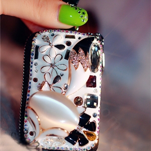 Fox flower Crystal Auto Key Bag Pocket Genuine Leather Car Key Case Key Chain - White
