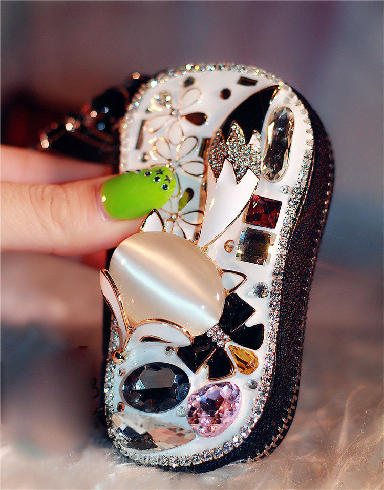 Fox flower Crystal Auto Key Bag Pocket Genuine Leather camber Car Key Case Key Chain - White