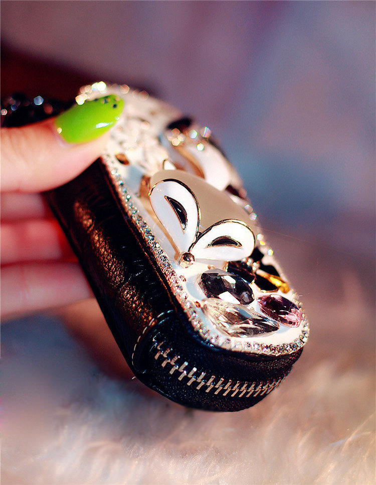 Fox flower Crystal Auto Key Bag Pocket Genuine Leather camber Car Key Case Key Chain - White