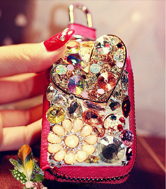 Heart flower Crystal Auto Key Bag Pocket Genuine Leather Car Key Case Key Chain - Rose