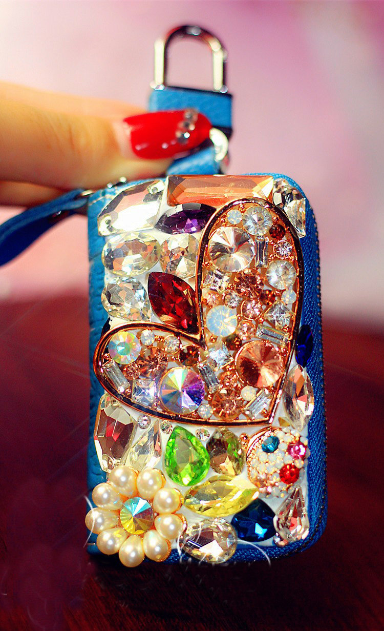 Heart pearl Crystal Auto Key Bag Pocket Genuine Leather Car Key Case Key Chain - Blue