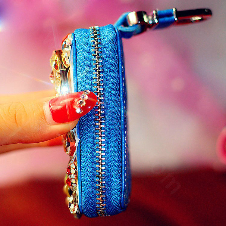 Heart pearl Crystal Auto Key Bag Pocket Genuine Leather Car Key Case Key Chain - Blue