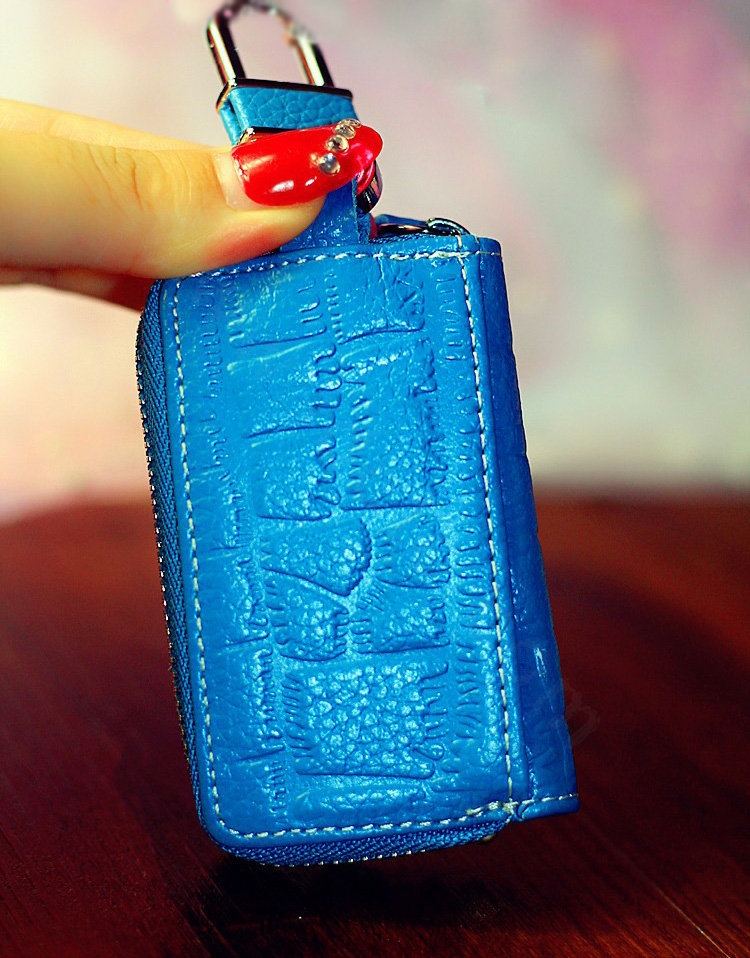 Heart pearl Crystal Auto Key Bag Pocket Genuine Leather Car Key Case Key Chain - Blue