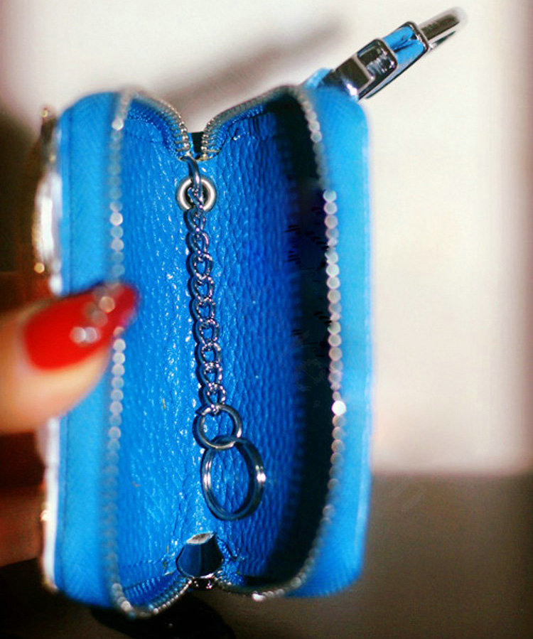 Heart pearl Crystal Auto Key Bag Pocket Genuine Leather Car Key Case Key Chain - Blue