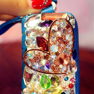 Heart pearl Crystal Auto Key Bag Pocket Genuine Leather Car Key Case Key Chain - Blue