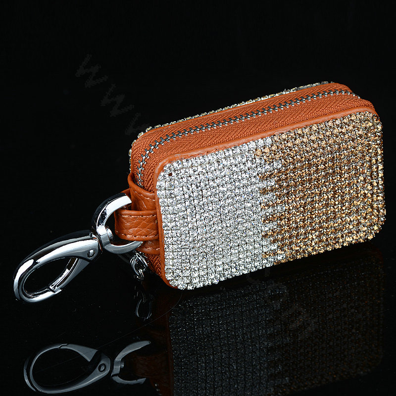 Luxury Crystal Auto Key Bag Genuine Leather Car Key Case Pocket Key Chain - Champagne