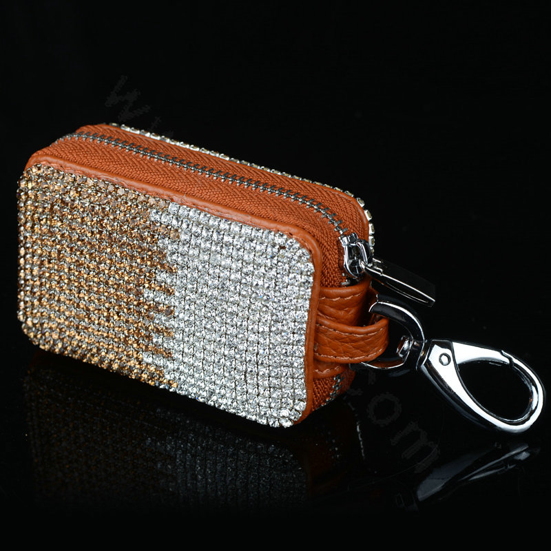 Luxury Crystal Auto Key Bag Genuine Leather Car Key Case Pocket Key Chain - Champagne